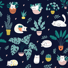 Vector seamless pattern with potted flowers and cats. Cute and cozy repeat background. Perfect for kids design, fabric, wrapping, wallpaper, textile, apparel