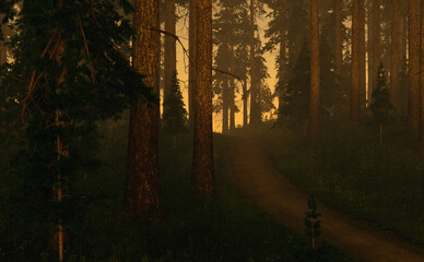 Trail in foggy fir forest at sunrise in springtime. 3D render.