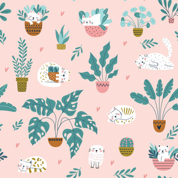 Fototapeta Vector seamless pattern with potted flowers and cats. Cute and cozy repeat background. Perfect for kids design, fabric, wrapping, wallpaper, textile, apparel