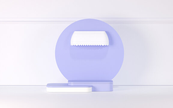 Abstract minimal scene with geometric form. Cylinder podium stage in very peri and white backgrounds. Front of classical style commercial with pastel purple color. 3D render 
