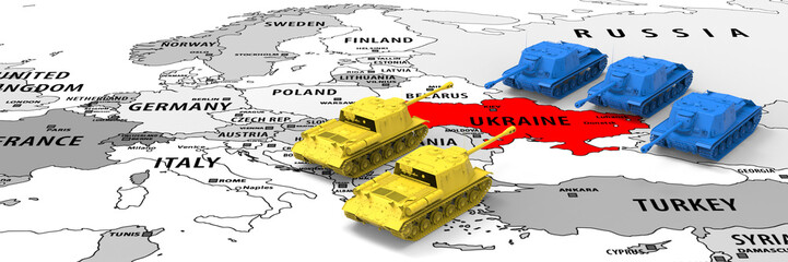 Ukraine and Russia military conflict concept, 3d rendering - obrazy, fototapety, plakaty