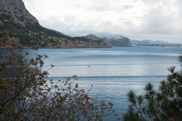bay, mountains, clouds