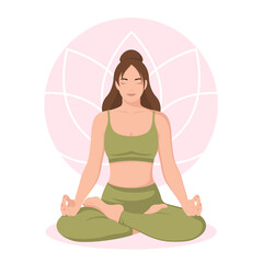 Meditating woman in green in lotus pose. Yoga