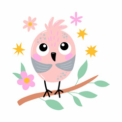 Cute bird on a branch. Perfect for postcards posters prints on t-shirts mugs pillows. Vector graphics isolated on white background
