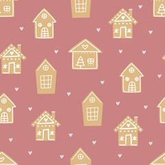 Seamless pattern with Christmas gingerbread cookies - cute house. Cute winter holiday vector design xmas background.
