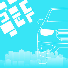Vector linear illustration with car and city map. The concept of transfer and taxi service. Stylish flyer or web banner.