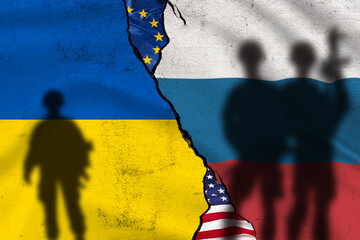 Grunge flags of Russian Federation and Ukraine divided with soliders pointing weapon at each other illustration, concept of tense relations between west and Russia