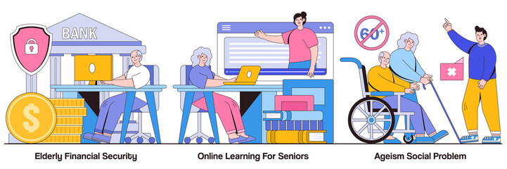 Elderly Financial Security, Online Learning for Seniors, and Ageism Social Problem Illustrated Pack
