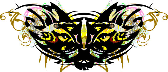 Colorful ornamental cat mask with floral elements. Dangerousl cat head symbol for tattoos, holidays and events, prints on T-shirts, fabric products, fashion trends, covers, wallpaper, cards, etc.