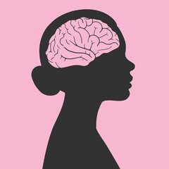 Silhouette of a woman with a brain shape isolated on pink background. Vector illustration