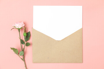 Wedding invitation or greeting card mockup. Blank white card 5x7 and craft paper envelope.