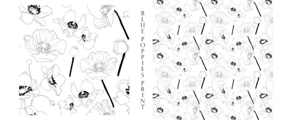 Obraz premium Lineart blue poppies print. Floral doodle pattern.