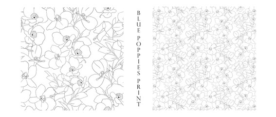 Blue poppies print. Floral pattern.Doodle line art print. - obrazy, fototapety, plakaty