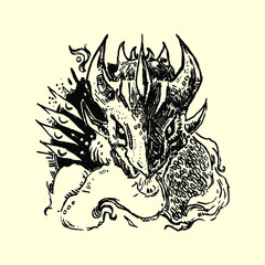 Hand drawn illustration with dragon. Black dragon, fantasy style. Ink work.