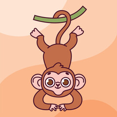 cute monkey play on hanging root vector icon illustration logo mascot hand drawn concept trandy cartoon	