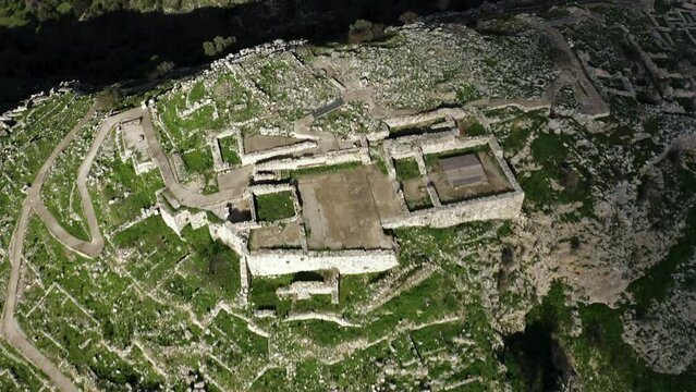 Drone view of ruins at the archaeological site of Mycenae