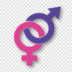 United gender male and female icons, sign on transparent background. Concept of gender equality and relationship. Vector papercut clipart illustration