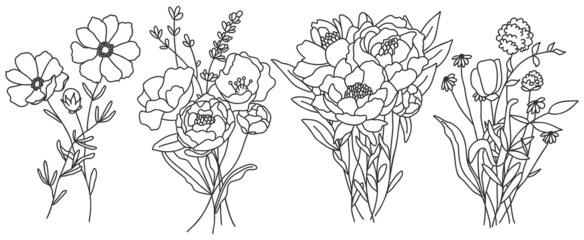 Vector line art hand drawn bouquet of flowers