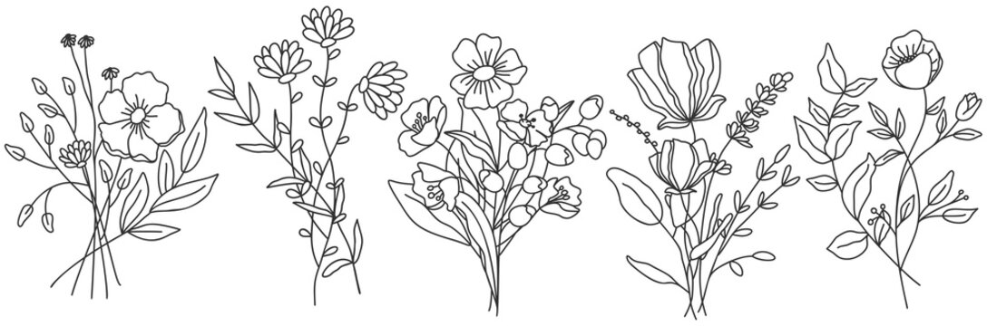 Vector Line Art Hand Drawn Bouquet Of Flowers