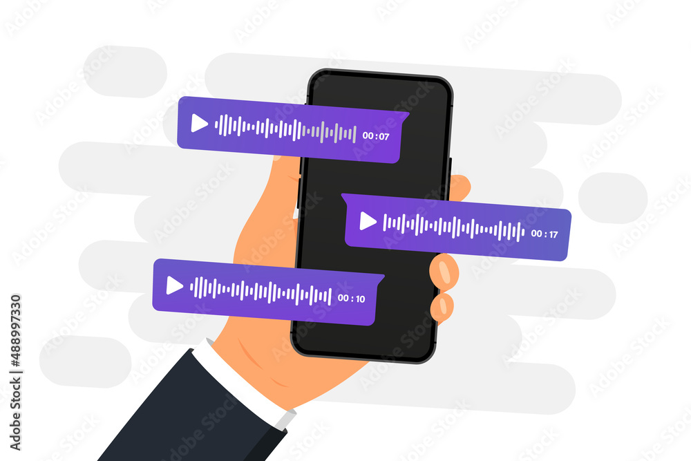 Aufkleber Smartphone with voice messages on screen . Voice and audio messages. Modern communication in messenger. Online chat. Social media design concept. Mobile phone with chat app and voice messages bubbles