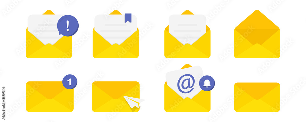 Leinwandbilder Set of icons with a mail envelope with different signs. Email notification. E-mail marketing. New incoming message, spam. Delivery of correspondence or office documents in an envelope