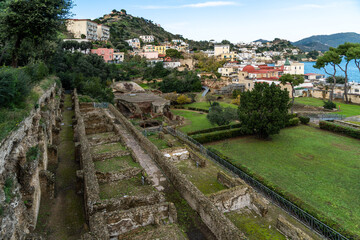 Fototapeta na wymiar View of Baia archaeological site near Naples, Italy. Baia was a roman town famous for its thermal baths