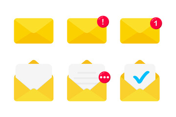 Set of icons with a mail envelope with different signs. Email notification. E-mail marketing. New incoming message, spam. Delivery of correspondence or office documents in an envelope