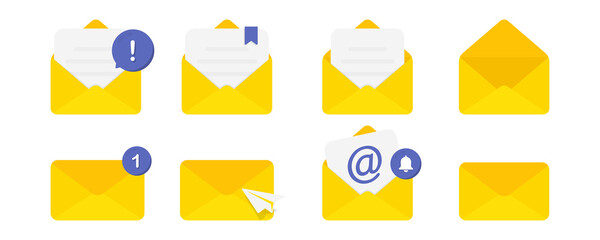 Set of icons with a mail envelope with different signs. Email notification. E-mail marketing. New incoming message, spam. Delivery of correspondence or office documents in an envelope