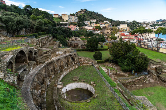 View of Baia archaeological site near Naples, Italy. Baia was a roman town famous for its thermal baths