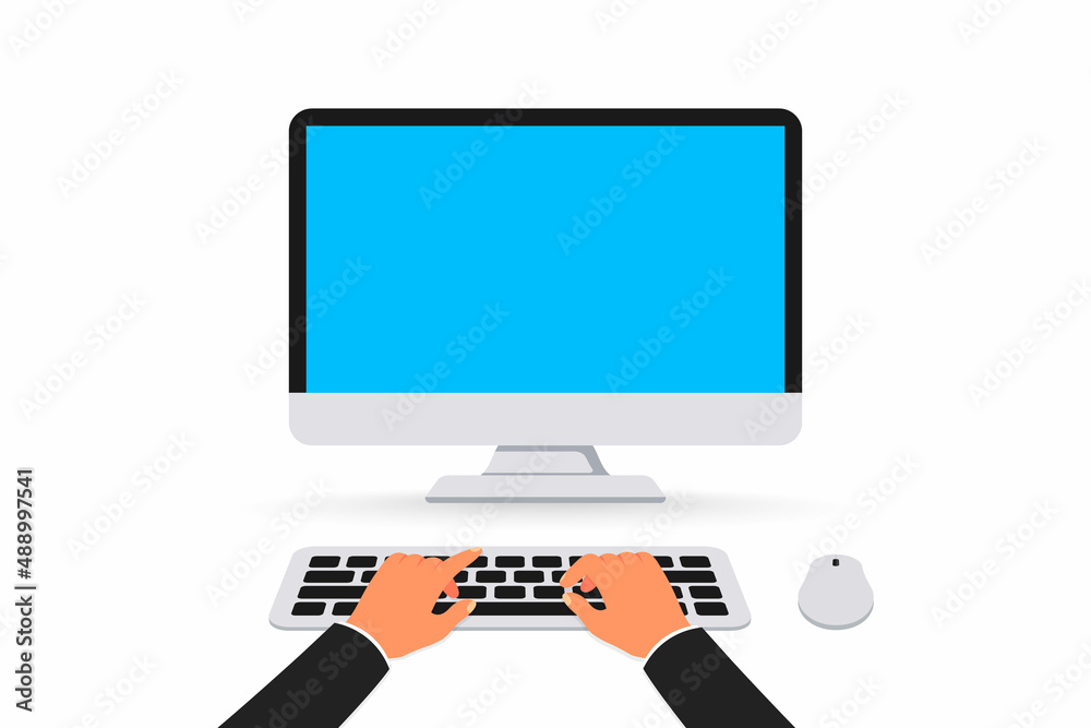 Poster Hands typing on computer. Computer keyboard with blank monitor screen.Work in PC, writing code, planning financial report, online education, conference, coding, watch video, chatting and communication