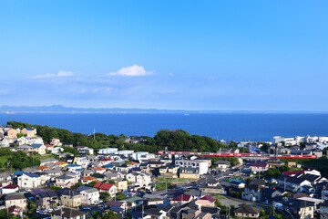 Fototapeta premium 東京湾が見える住宅街を走る京急電車