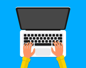 Top view of hand typing on laptop computer. Work in device, writing code, planning financial report, online education, conference, coding, watch video, chatting and communication. Vector illustration