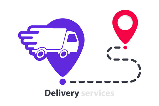Delivery truck with map location, route path concept. Cargo van moving fast. Express delivery service icon with van and destination point. Point navigation, delivery way, geo location. Location pin