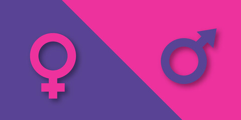 Relationship concept between men or boy and women or girl. Female and male gender signs on purple and pink background. Vector paper cut illustration