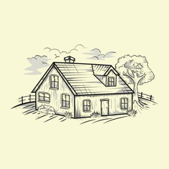 Illustration of rural house wood in village with hand drawing style 