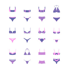 Set of 12 swimsuits. Summer isolated fashion swimsuit. Minimalistic simplified illustration. Vector. Swimsuit for beach. Two-piece swimsuits. Trendy color 2022.