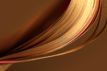 Selective soft focus Abstract Gold (bronze) wave lines luxury ribbons on brown copy space...