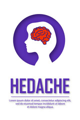 Headache poster. Conceptual illustration of migraine in people of different ages. White poster with a silhouette of a child. Vector illustration in paper cut style