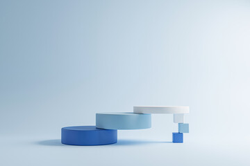 3 step cylinder blue podium on blue background, minimal concept,  showcase for product. 3D render