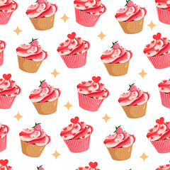 Seamless pattern with cupcakes with raspberries and hearts. Vector texture illustration for postcard, textile, decor, paper, texture, wrapping.