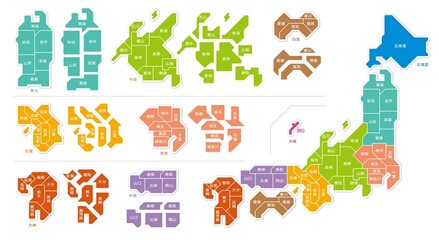 日本地図　色分け　都道府県　イラスト　白バック