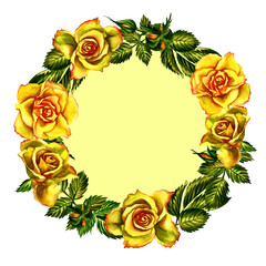 Roses yellow watercolor frame wreath.