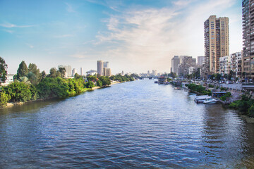 Obraz premium Beautiful view of the Cairo Tower and the Nile embankment in Cairo, Egypt