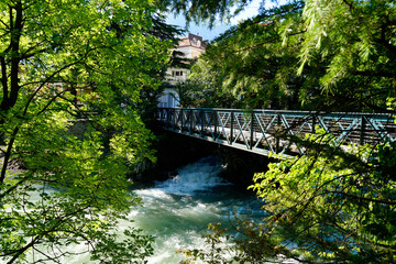 picturesque Merano with a bridge over the emerald-green Passer river (Italy, Region: Trentino-Alto Adige / Südtirol, Province: South Tyrol)