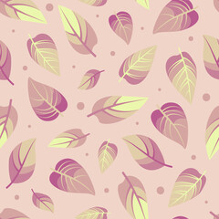 Vector seamless spring pattern with pastel pink falling leaves on pink background with different size dots. - 488999572