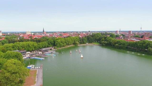 Munster: Aerial view of city in Germany, Recreational lake M&uuml;nstersche Aa (Aasee) - landscape panorama of Europe from above