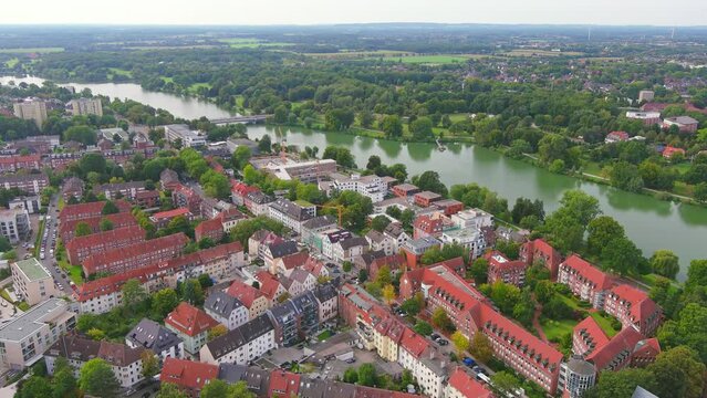 Munster: Aerial view of city in Germany, Recreational lake M&uuml;nstersche Aa (Aasee) - landscape panorama of Europe from above