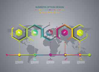Timeline infographic template with world map and step options design for  marketing, presentation, workflow layout, diagram, annual report, web design.