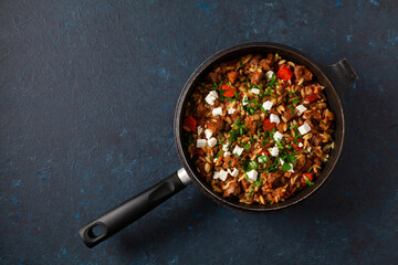 Traditional Greek cuisine. Lamb stew with feta cheese and vegetables.