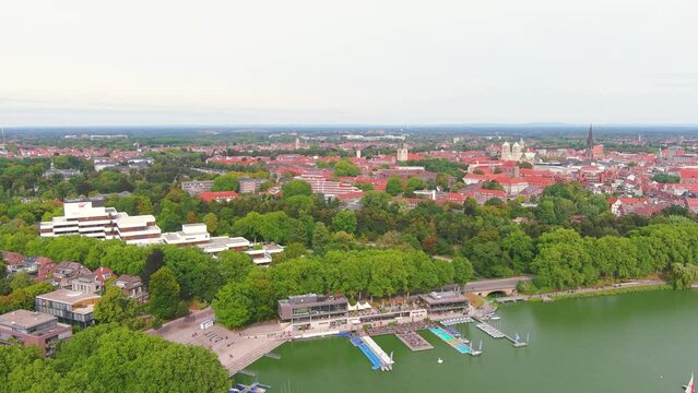Munster: Aerial view of city in Germany, Recreational lake M&uuml;nstersche Aa (Aasee) - landscape panorama of Europe from above